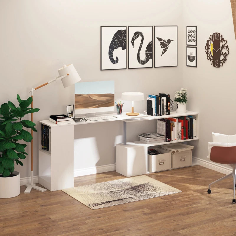 55" Corner Computer Desk, 360° Rotating L-Shaped Desk, Home Office Workstation with 3-Tier Shelves, Bookshelf, White