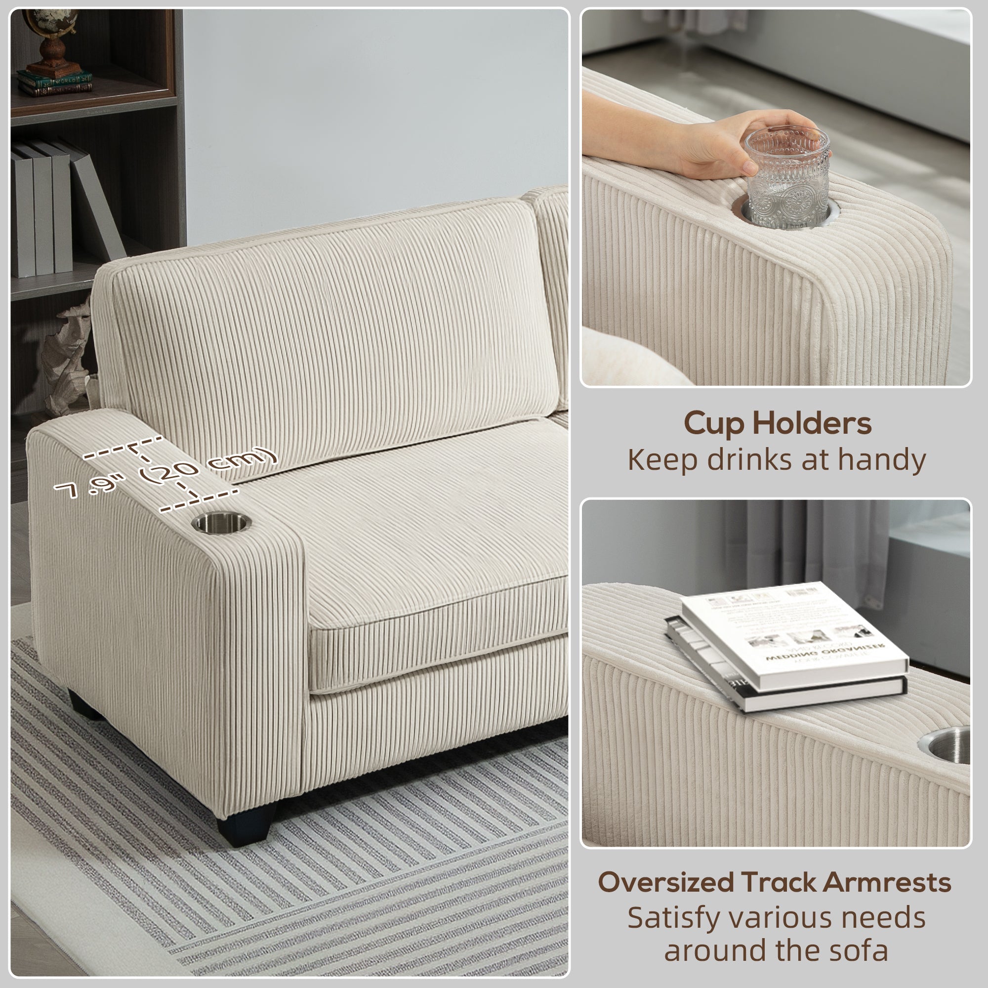 HOMCOM Three Seater Sofa, Fabric 3 Seater Couch with Spring Cushion and Cup Holders for Living Room, Bedroom, Cream White 