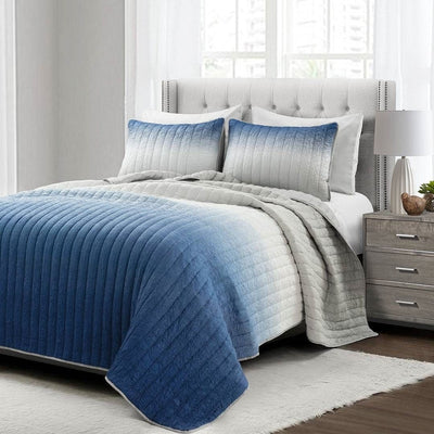 Full/Queen Navy Blue Grey Lightweight Wrinkle Fabric 3 Piece Quilt Set - Free Shipping 
