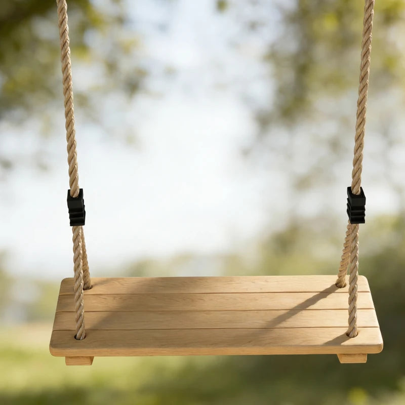 Qaba Wooden Swing Seat for Backyard Adjustable Rope Outdoor Playground Playset for Kids with Tree Straps Carabiners