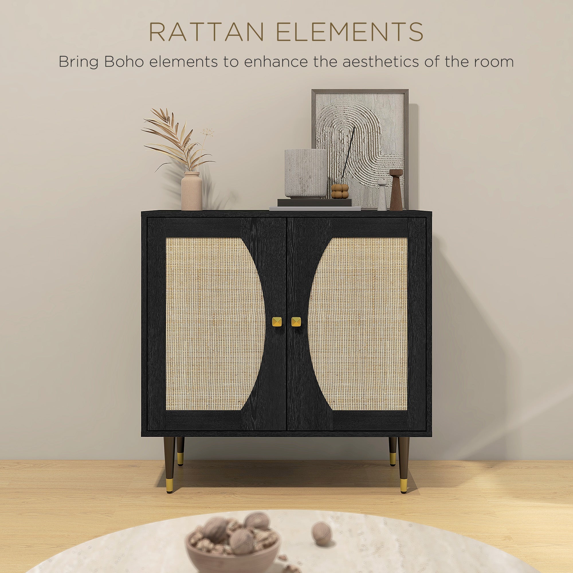 HOMCOM Boho Black TV Stand Cabinet: Buffet with Rattan Doors, Adjustable Shelf & Space for TVs up to 42 Inches 