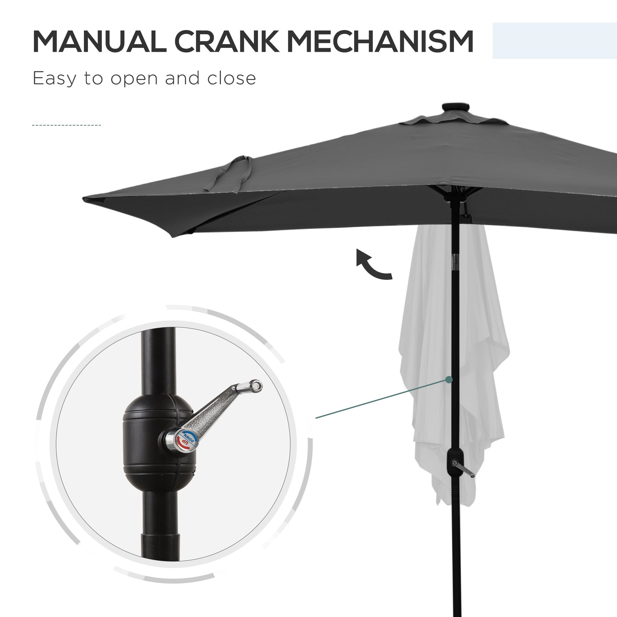 Outsunny 6x10FT Rectangular Patio Umbrella: Solar LED Lights Tilt Crank Outdoor Shade Dark Grey 