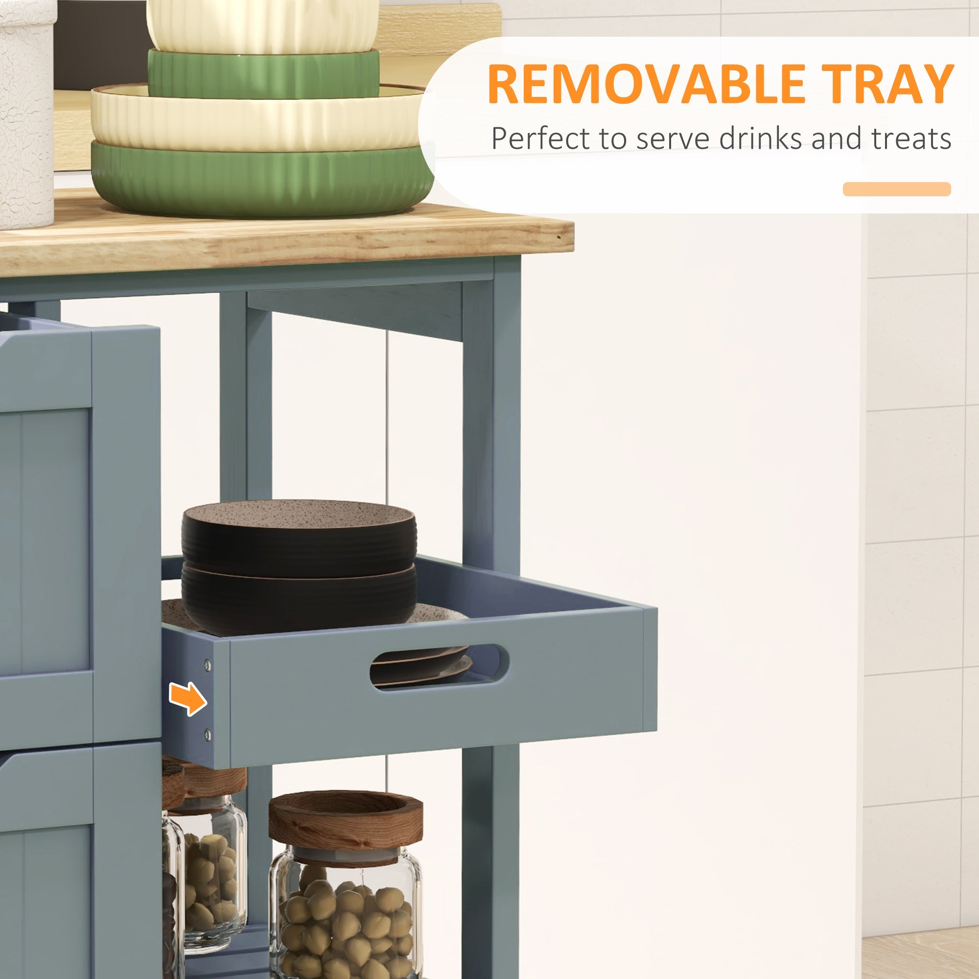 HOMCOM Grey Rolling Utility Cart: Kitchen Island on Wheels with Wood Top, 3 Drawers & Shelves for Dining Rooms 