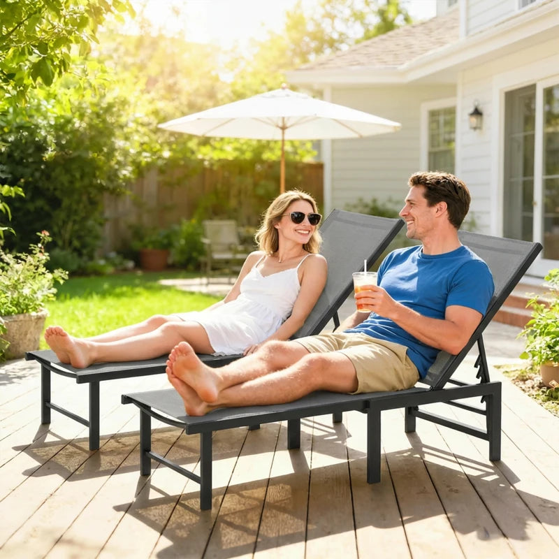Outdoor Lounge Chair Set of 2, 5-Position Reclining Outdoor Chaise Lounge Tanning Chair with Mesh Seat, Grey
