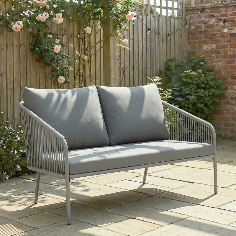 Garden Sofa with Cushions, 2-Seater Outdoor Balcony Rattan Sofa, 112 x 72 x 76 cm, Grey