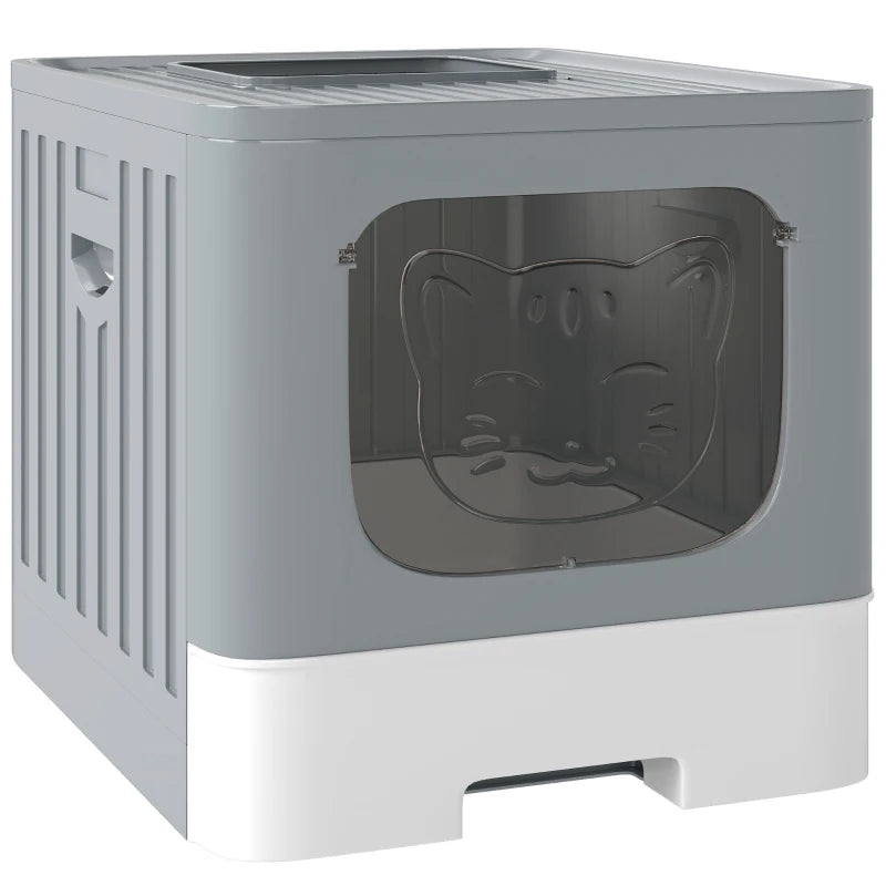 Foldable Cat Litter Box with Lid, Slide-Out Drawer, Scoop, Easy Clean, Odour Control, Anti-Splashing, Grey