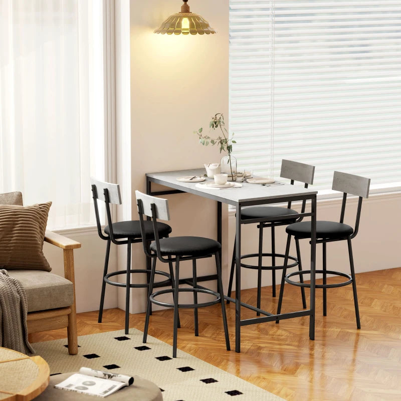 5-Piece Bar Table Set, Industrial Bar Table and Stools for 4 with Footrest and Steel Frame for Kitchen, Cement Grey