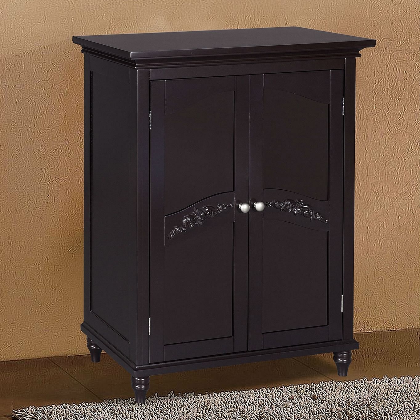 Dark Brown Espresso Wood Bathroom Floor Cabinet with Traditional Engraved Doors - Free Shipping