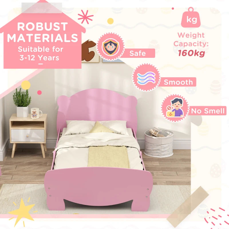 Qaba Twin Bed Frame with Bear Shaped Headboard & Footboard, Slats Support, No Box Spring Needed, for Boys, Girls, Pink