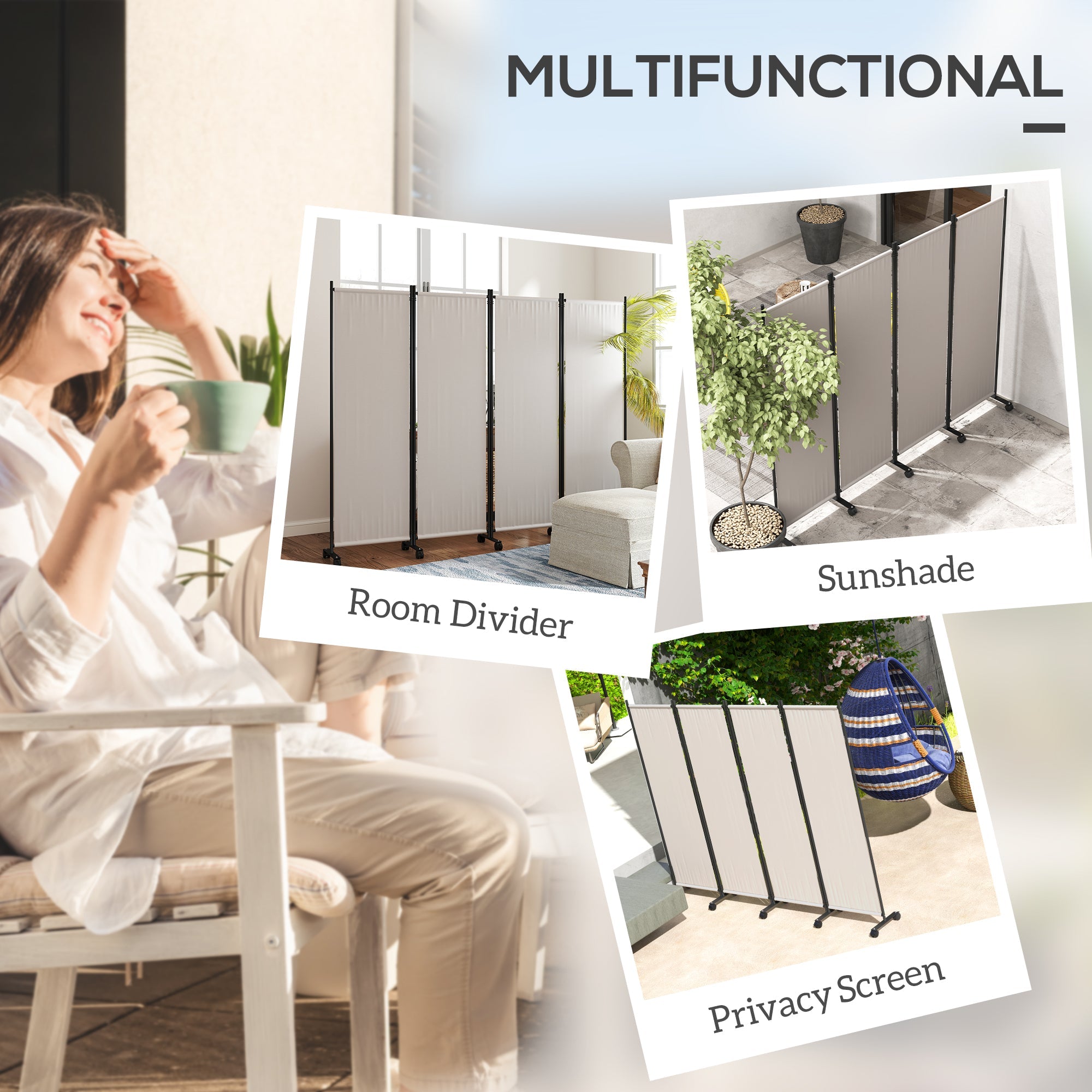 Outsunny Folding Room Divider with Castor Wheels, Rolling Privacy Screen for Patio Backyard Pool Hot Tub, 5.6ft Tall 