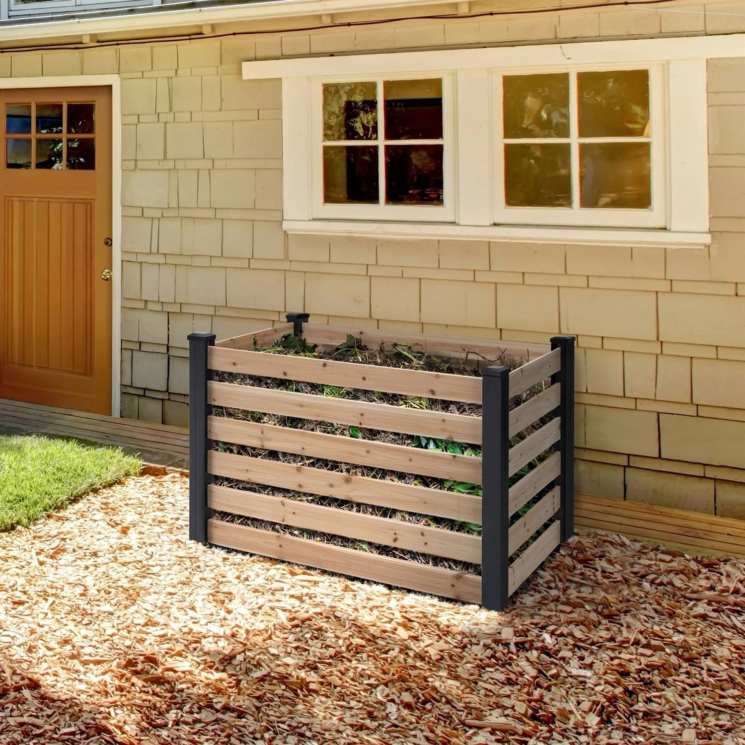 120 Gallon Outdoor Cedar Wooden Compost Bin in Natural Black Wood Finish - Free Shipping 