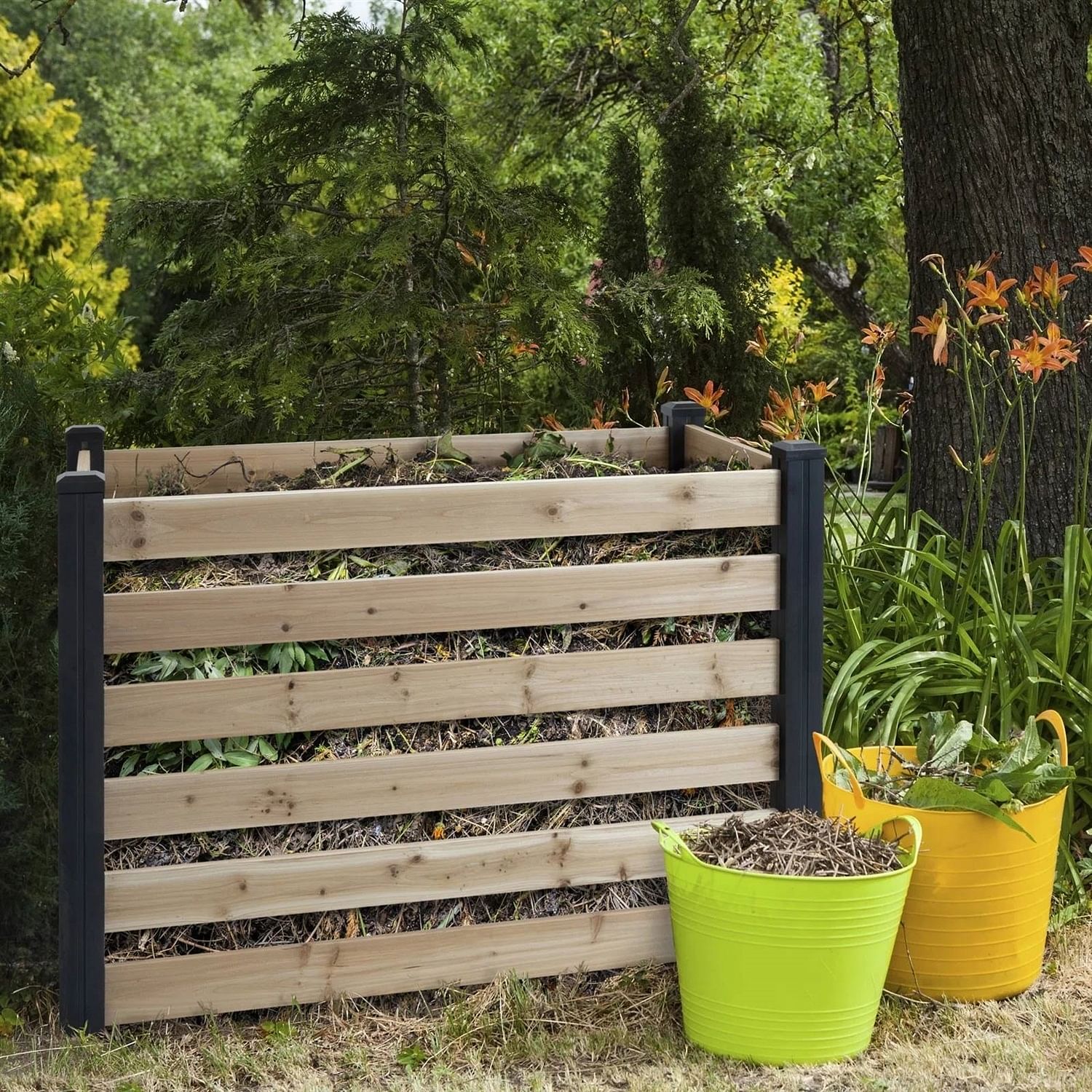 120 Gallon Outdoor Cedar Wooden Compost Bin in Natural Black Wood Finish - Free Shipping 