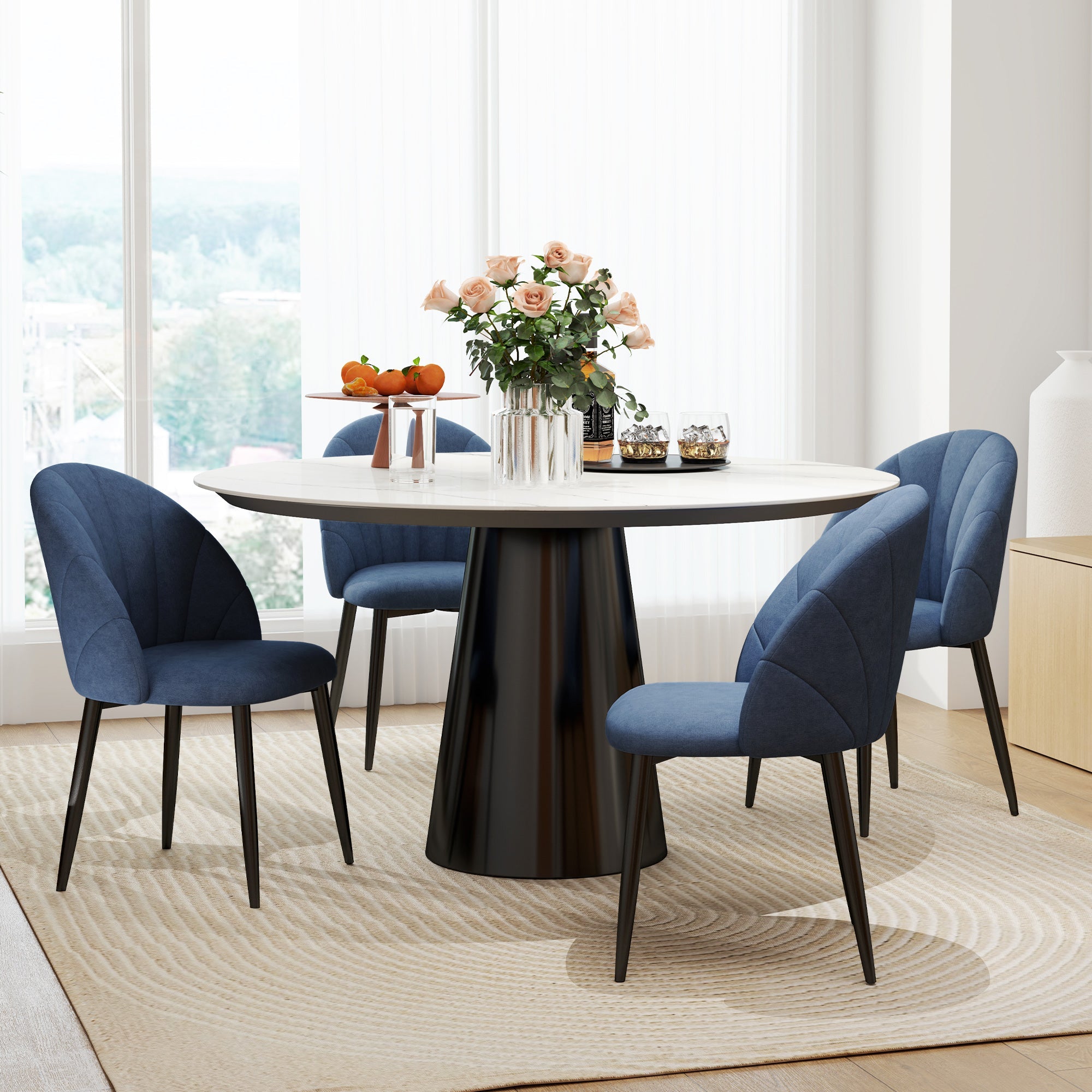 HOMCOM Modern Dining Chairs Set of 4, Upholstered Dining Room Chairs with Metal Legs, Shell Backrest, Padded Seat, Blue 