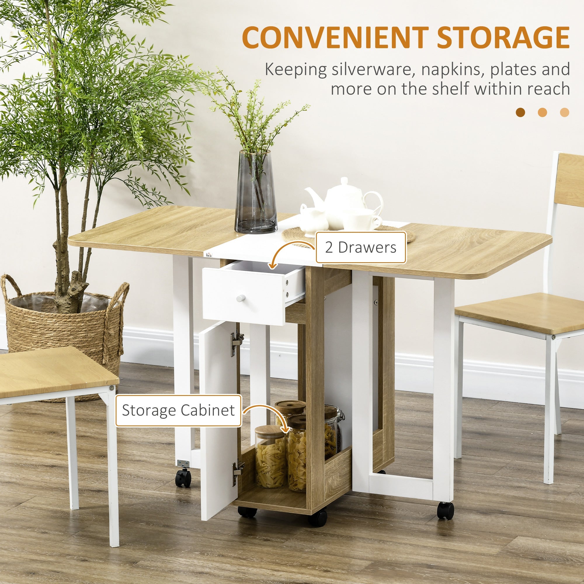 HOMCOM Foldable Dining Table for Small Spaces with Drawers Cabinet Caster Wheels Oak Movable Drop Leaf 