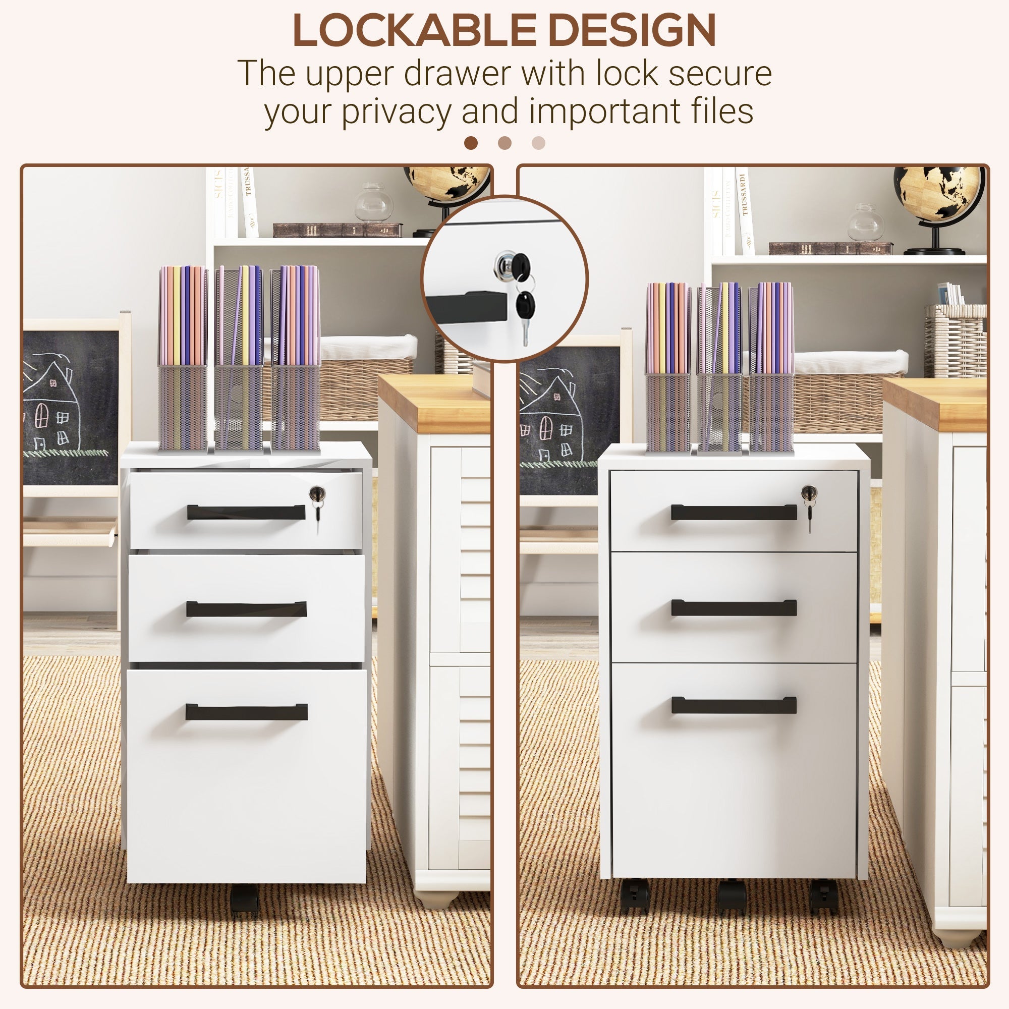 HOMCOM 3-Drawer Lockable File Cabinet Vertical Office Storage with Hanging Bars for A4 Letter Size Documents White 