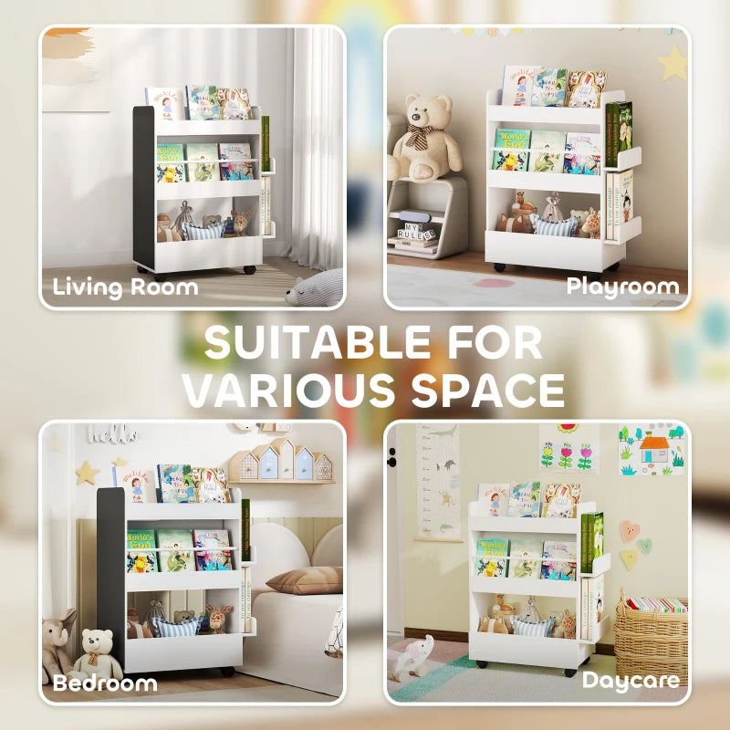 Qaba Kids Bookshelf, Kids Bookcase with Wheels & Blackboard, for Nursery, Kids Room, Playroom, for 3-8 Years