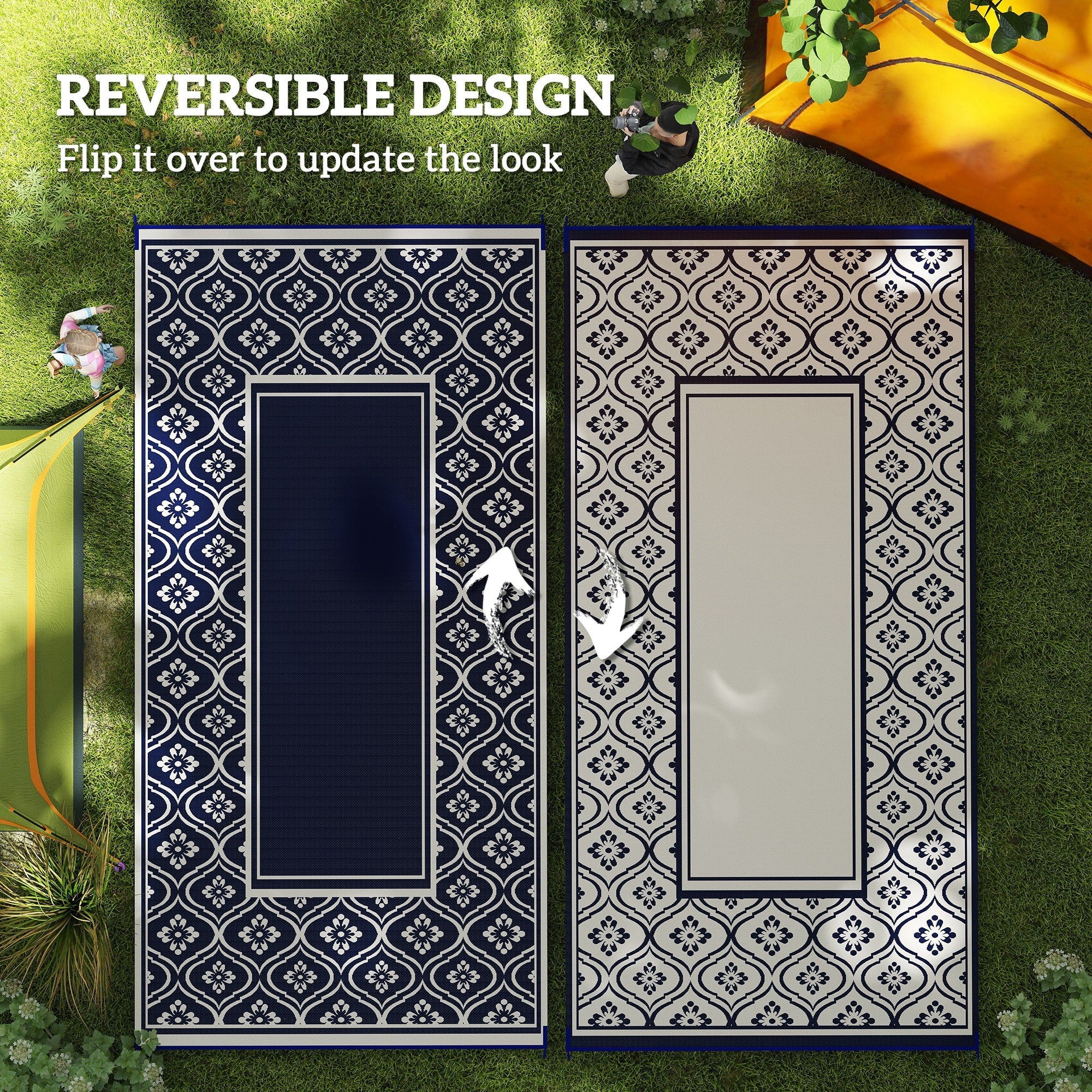Outsunny 9' x 18' Outdoor RV Rug, Reversible Patio Floor Mat with Carry Bag, Gourd Border, Blue and White 