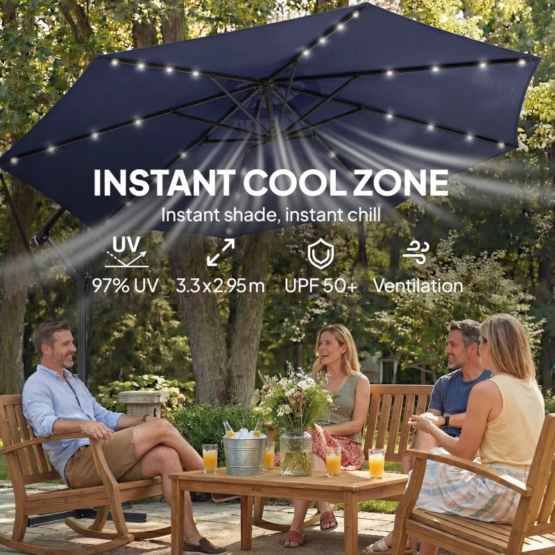 9.7ft Solar LED Cantilever Patio Umbrella with 32 LED Lights, Cross Base, Crank Handle, for Poolside, Deck, Dark Blue