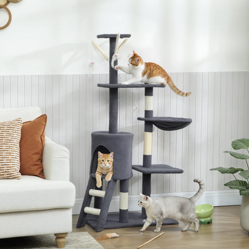 53" Cat Tree Tower, Kitten Activity Centre with Scratching Posts, Condo, Perches, Ladder, Hammock, Dangling Toys, Dark Grey