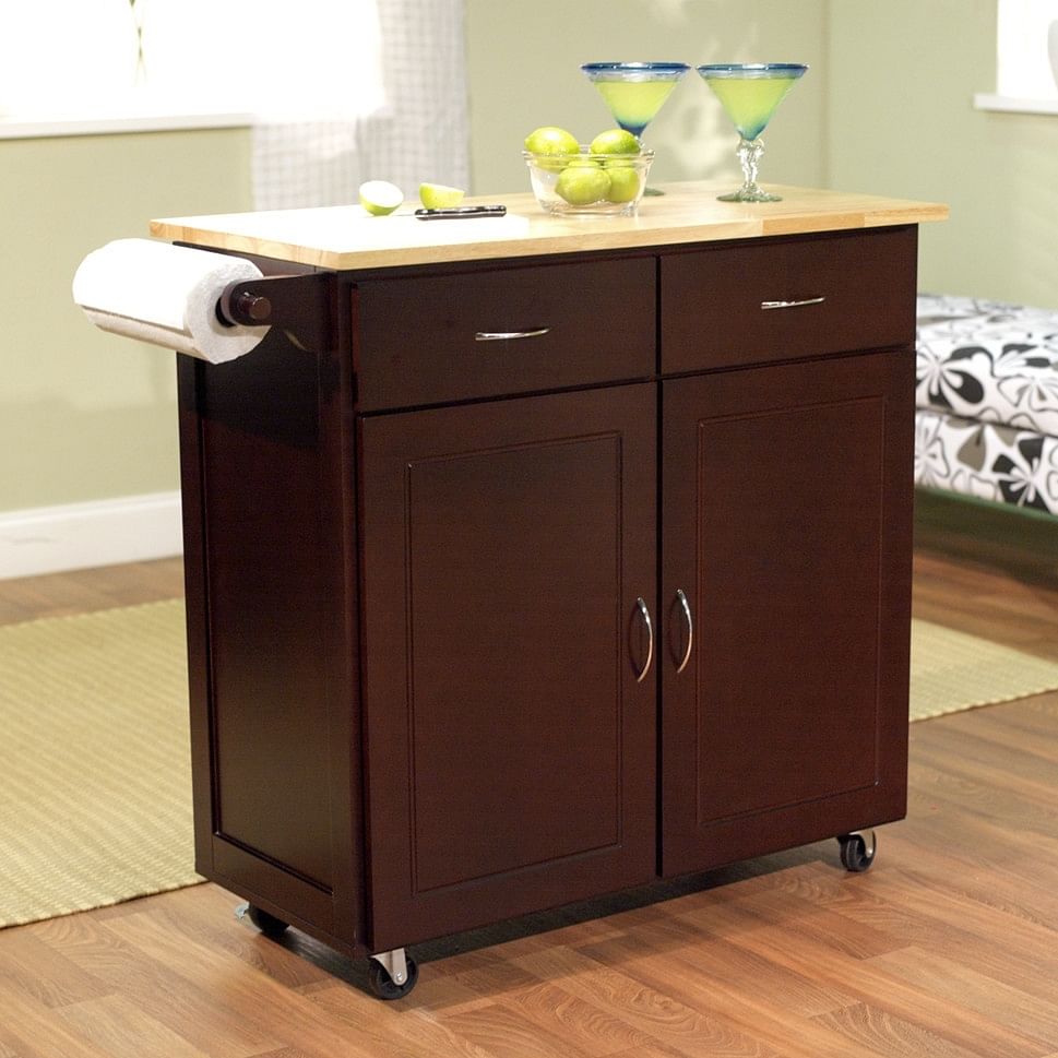 43-inch W Portable Kitchen Island Cart with Natural Wood Top in Espresso - Free Shipping 