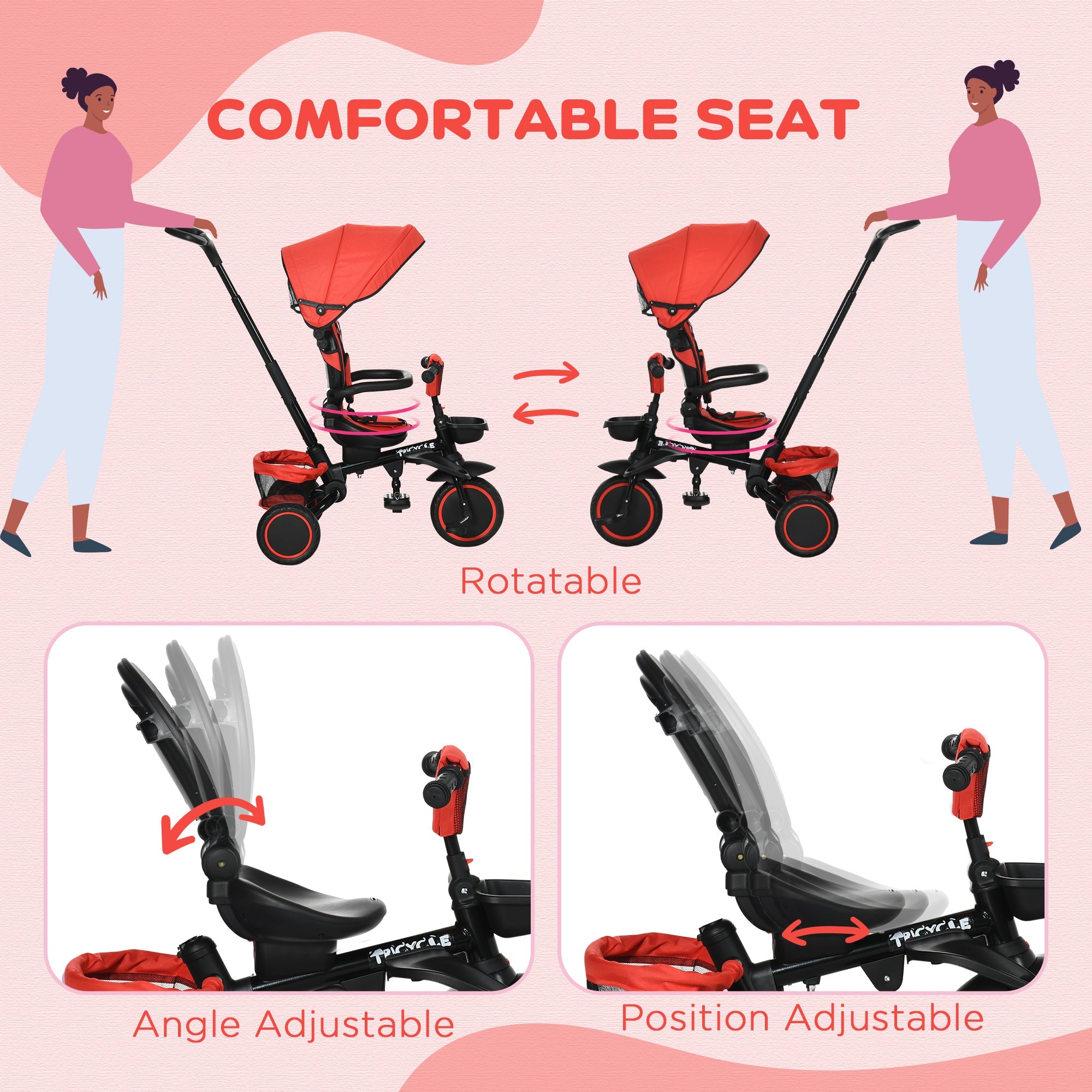 Aosom 6-in-1 Toddler Tricycle, Kids Trike with Rotatable Seat, Adjustable Push Handle, Safety Harness, Detachable Canopy, Red 