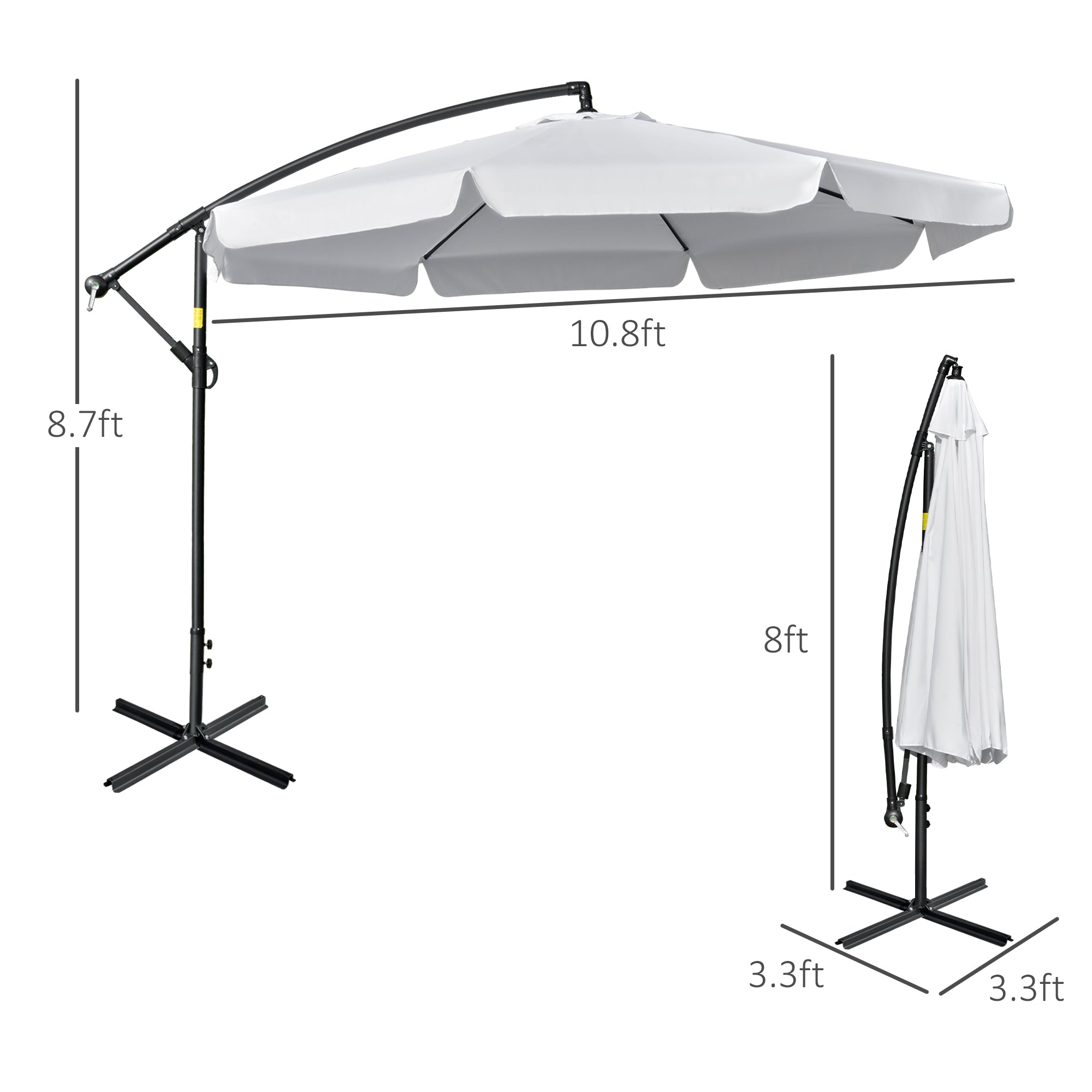 Outsunny 11FT White Offset Patio Umbrella Cantilever Easy Tilt Cross Base 8 Ribs Sun Shade for Garden 
