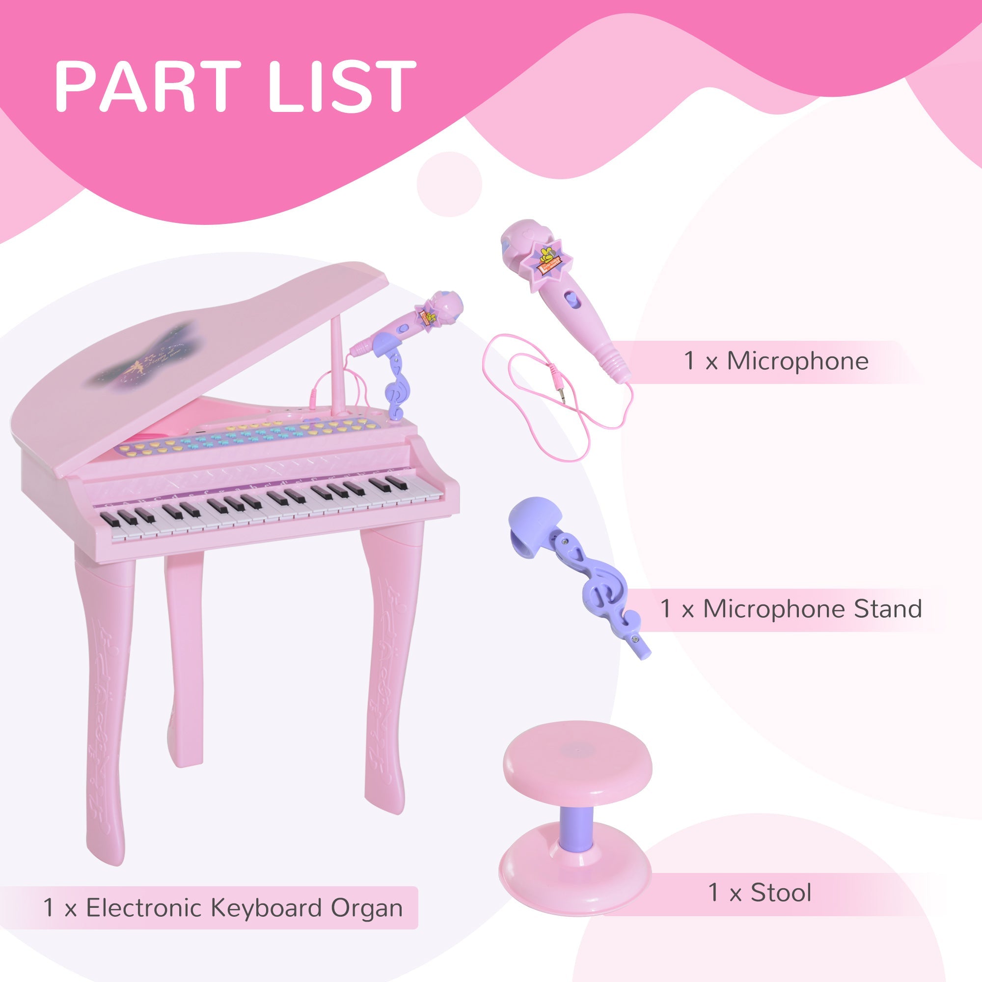 Qaba Mini Electronic Piano: 37-Key Keyboard, Multifunctional Musical Toy with Microphone, Stool for Kids - Pink 