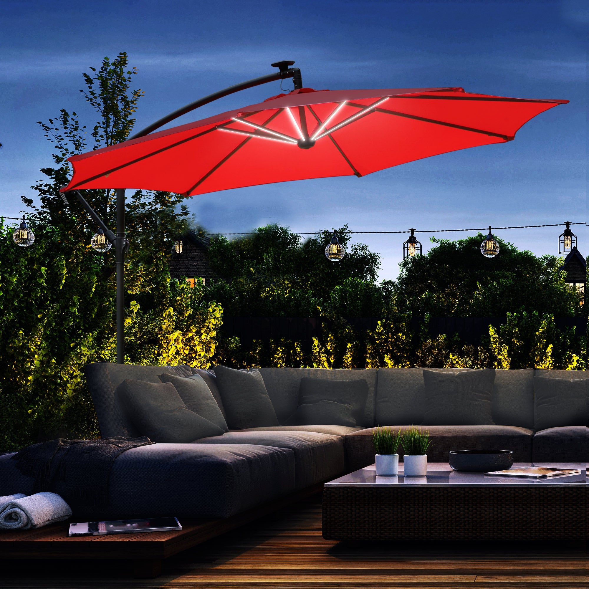 Outsunny 10ft Solar LED Cantilever Umbrella: Red Hanging Offset Market Parasol with Crank Feature 