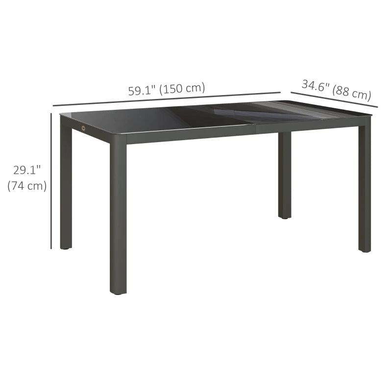 59" x 35" Aluminium Outdoor Dining Table for 6, with Glass Tabletop, Grey