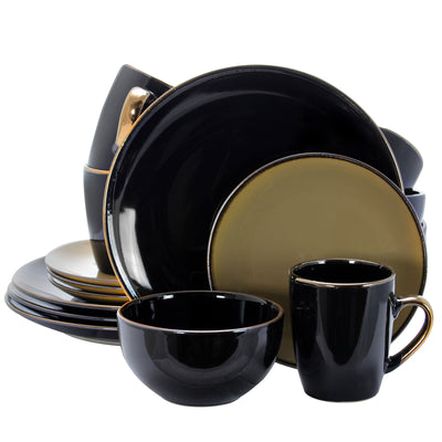 Elama Cambridge Grand 16-Piece Dinnerware Set in Luxurious Black and Warm Taupe with Complete Setting for 4 - Free Shipping 