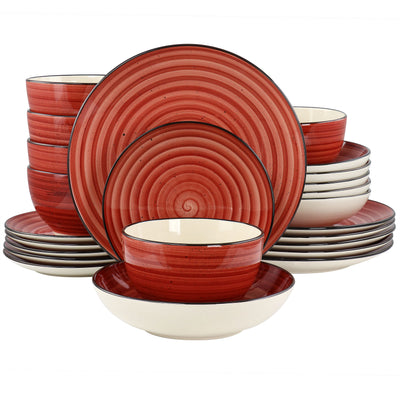 Elama Gia 24 Piece Round Stoneware Dinnerware Set in Red - Free Shipping 