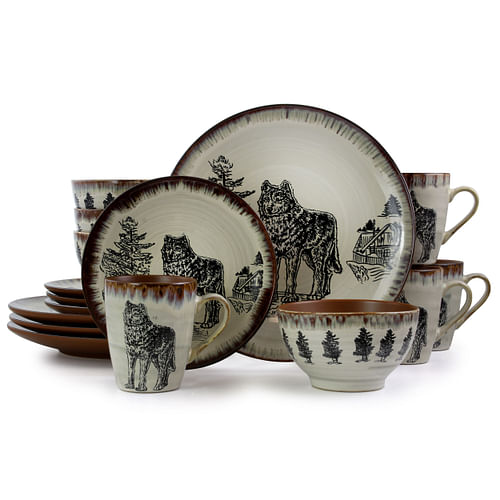 Elama Majestic Wolf 16 Piece Luxurious Stoneware Dinnerware with Complete Setting for 4 - Free Shipping