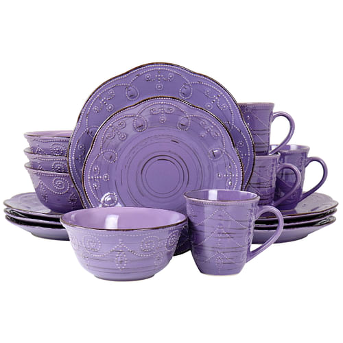 Elama Rustic Birch 16 Piece Stoneware Dinnerware Set in Purple - Free Shipping 