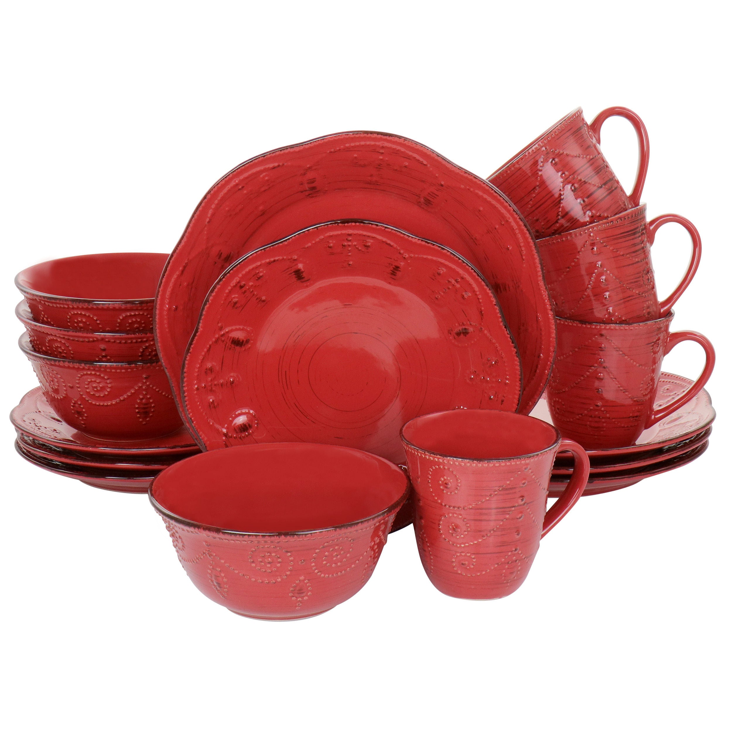 Elama Rustic Birch 16 Piece Stoneware Dinnerware Set in Red - Free Shipping