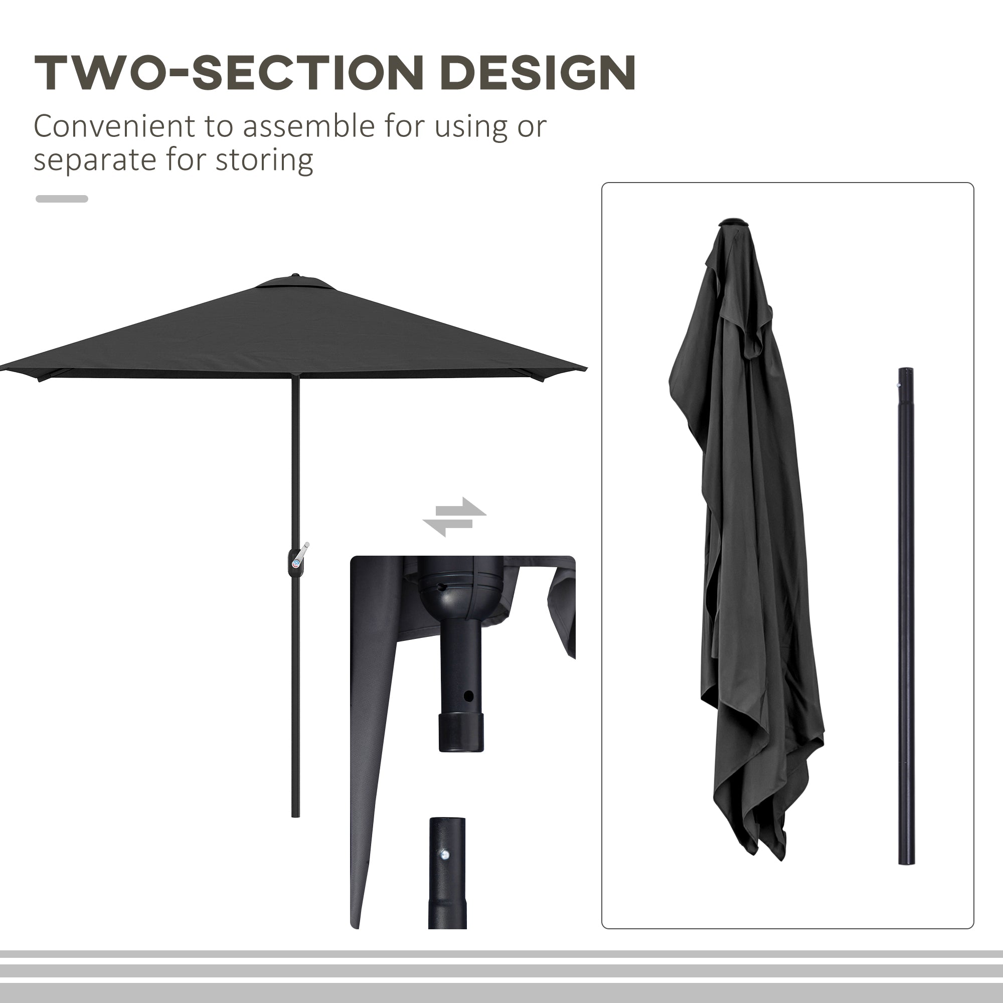 Outsunny 8ft Half Round Patio Umbrella Balcony Sun Shade Outdoor Parasol Garden Window Canopy 5 Ribs 