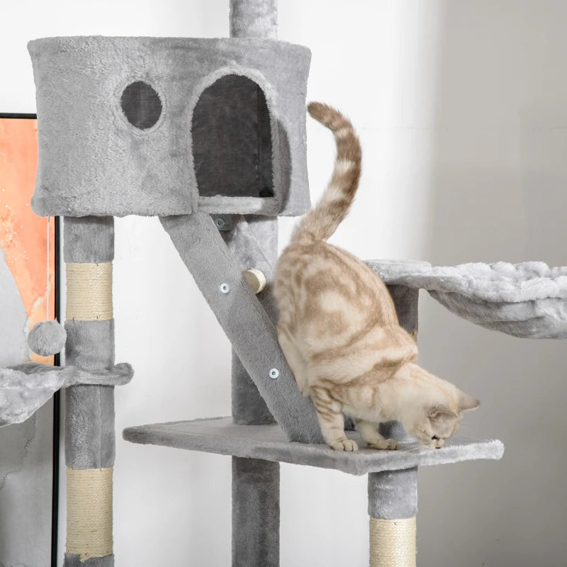 94"-102" Huge Cat Tree Ceiling High Cat Condo Scratching Post Activity Center Multi-Level Play House Light Grey