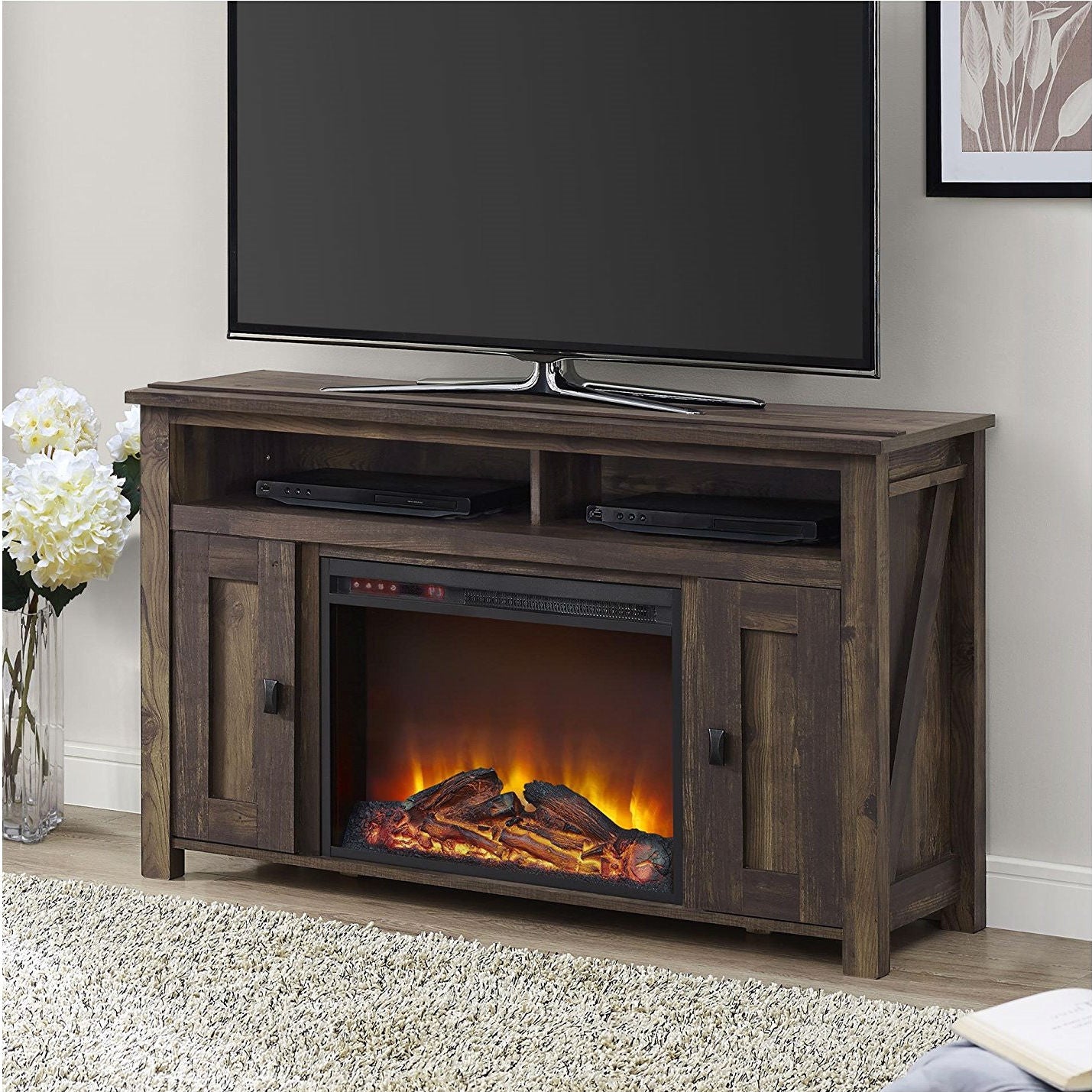 50-Inch TV Stand with 1,500 Watt Electric Fireplace â€“ Medium Brown WoodÂ 