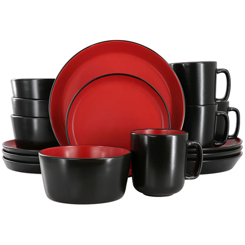 Elama Bacarra 16 Piece Stoneware Dinnerware Set in Two Tone Black and Red - Free Shipping 