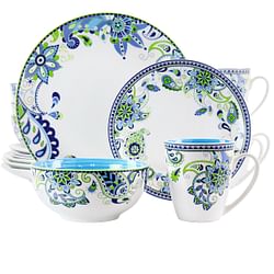 Elama Blue Fiesta 16 Piece Round Porcelain Dinnerware Set - Free Shipping 