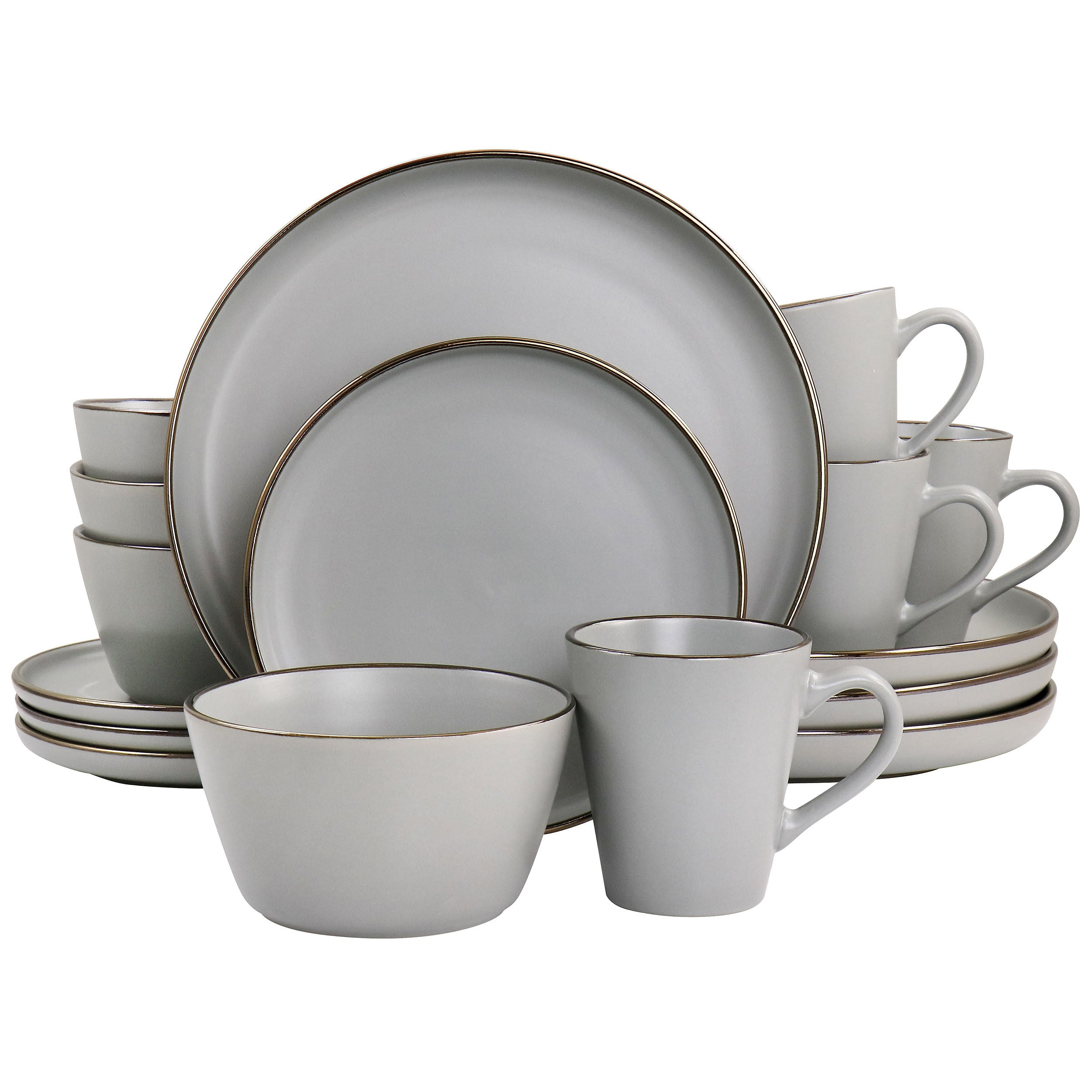 Elama Louis 16 Piece Stoneware Dinnerware Set in Matte Slate with Gold Rim - Free Shipping