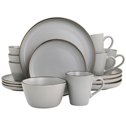 Elama Louis 16 Piece Stoneware Dinnerware Set in Matte Slate with Gold Rim - Free Shipping 