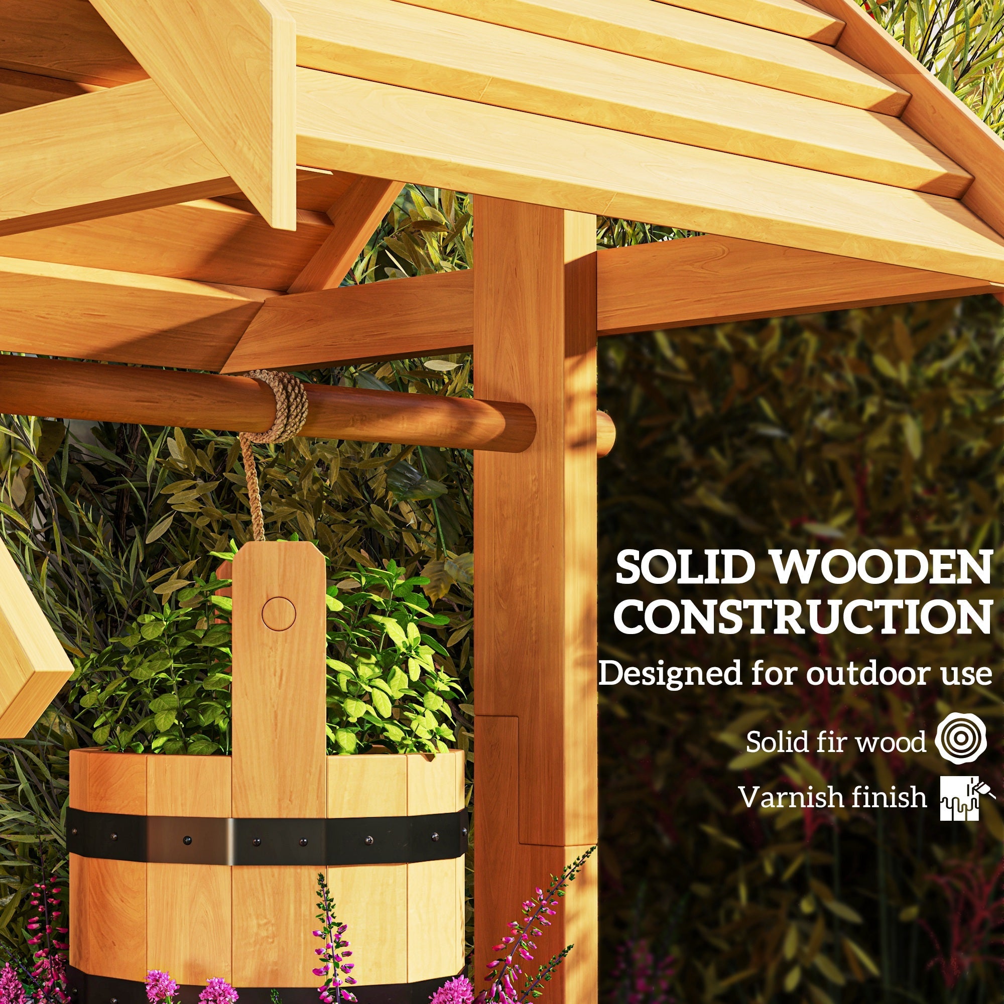 Outsunny Wood Wishing Well Outdoor Wooden Planter with Hanging Bucket and Drainage Hole for Garden, Patio, Backyard, Orange 