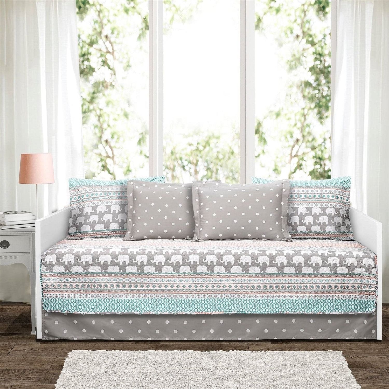 Turquoise Pink Grey Lightweight 6 Piece Elephant Pattern Daybed Cover Quilt Set - Free Shipping