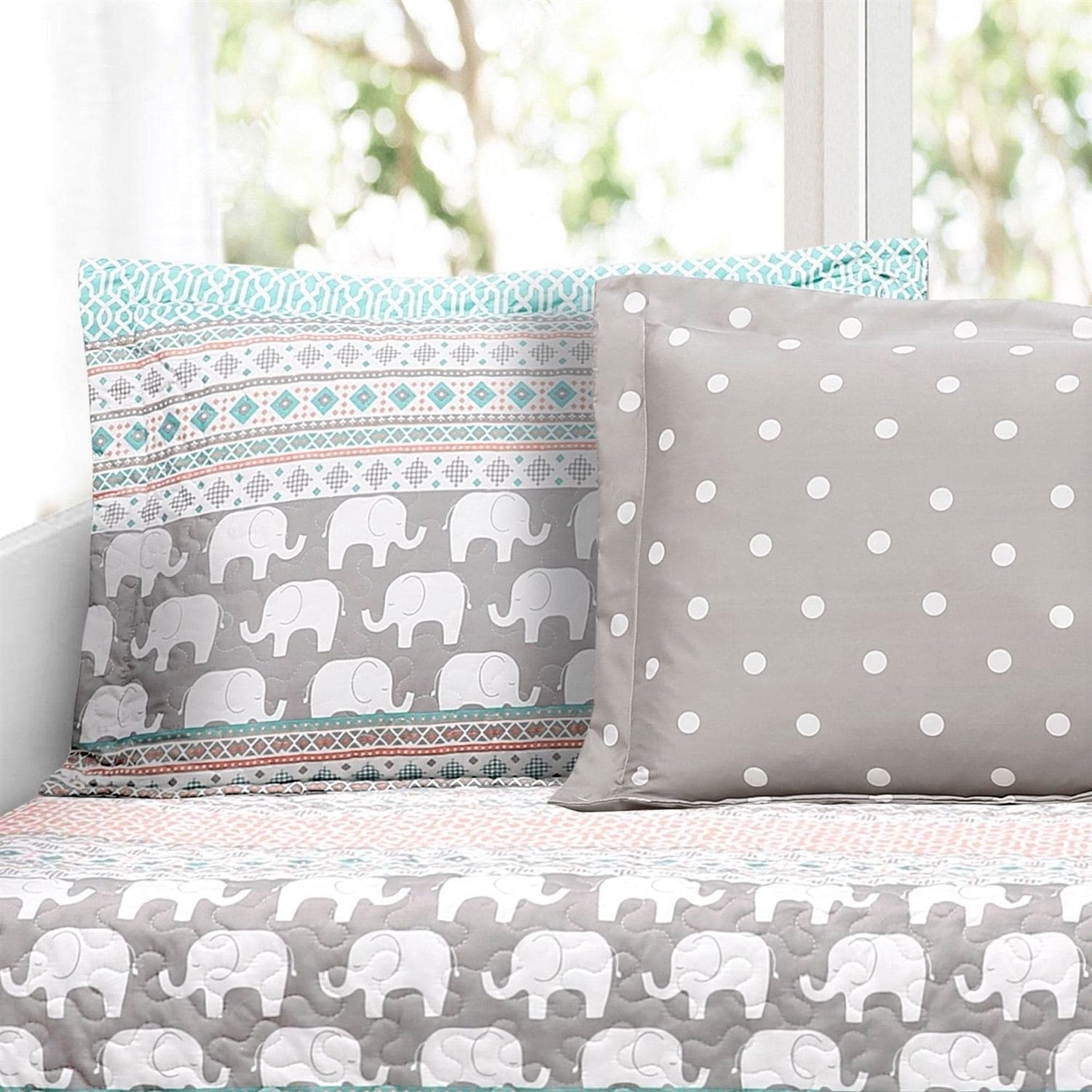 Turquoise Pink Grey Lightweight 6 Piece Elephant Pattern Daybed Cover Quilt Set - Free Shipping