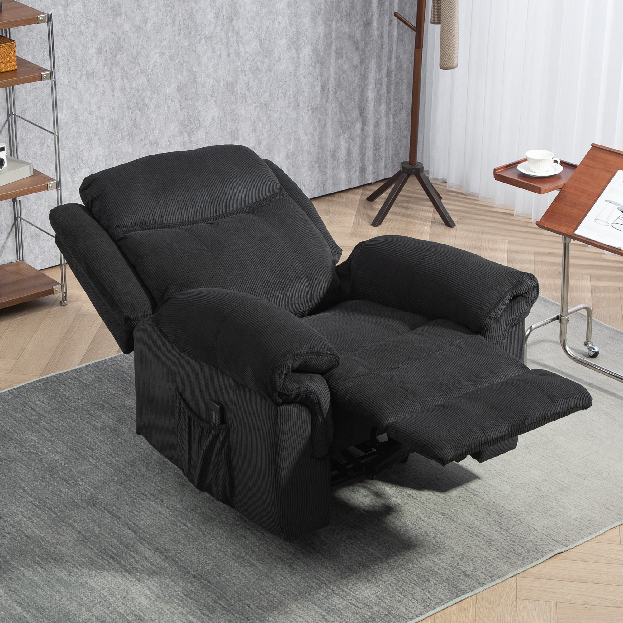 HOMCOM Manual Recliner Chair with Vibration Massage, Side Pockets, Corduroy Reclining Chair for Living Room, Black 
