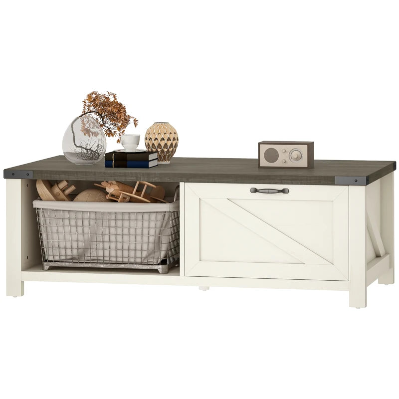 Farmhouse Coffee Table with Drawer, Open Storage Shelf for Living Room, Dining Room, Office, Distressed White
