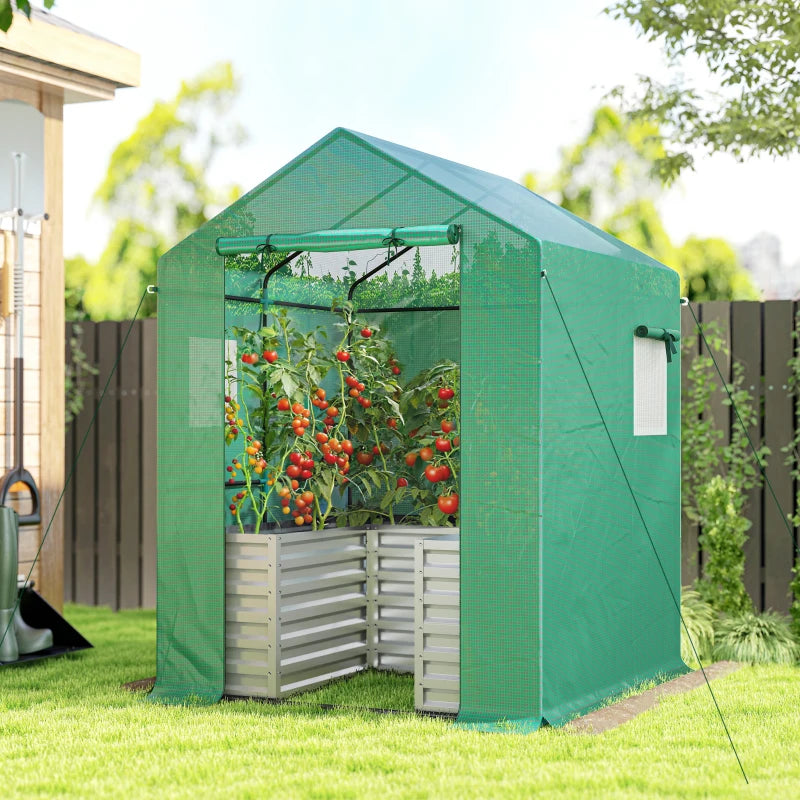 Greenhouse with Raised Garden Bed, Galvanized Metal Planter Box with PE Cover, Roll Up Door, 56" x 56" x 75", Green