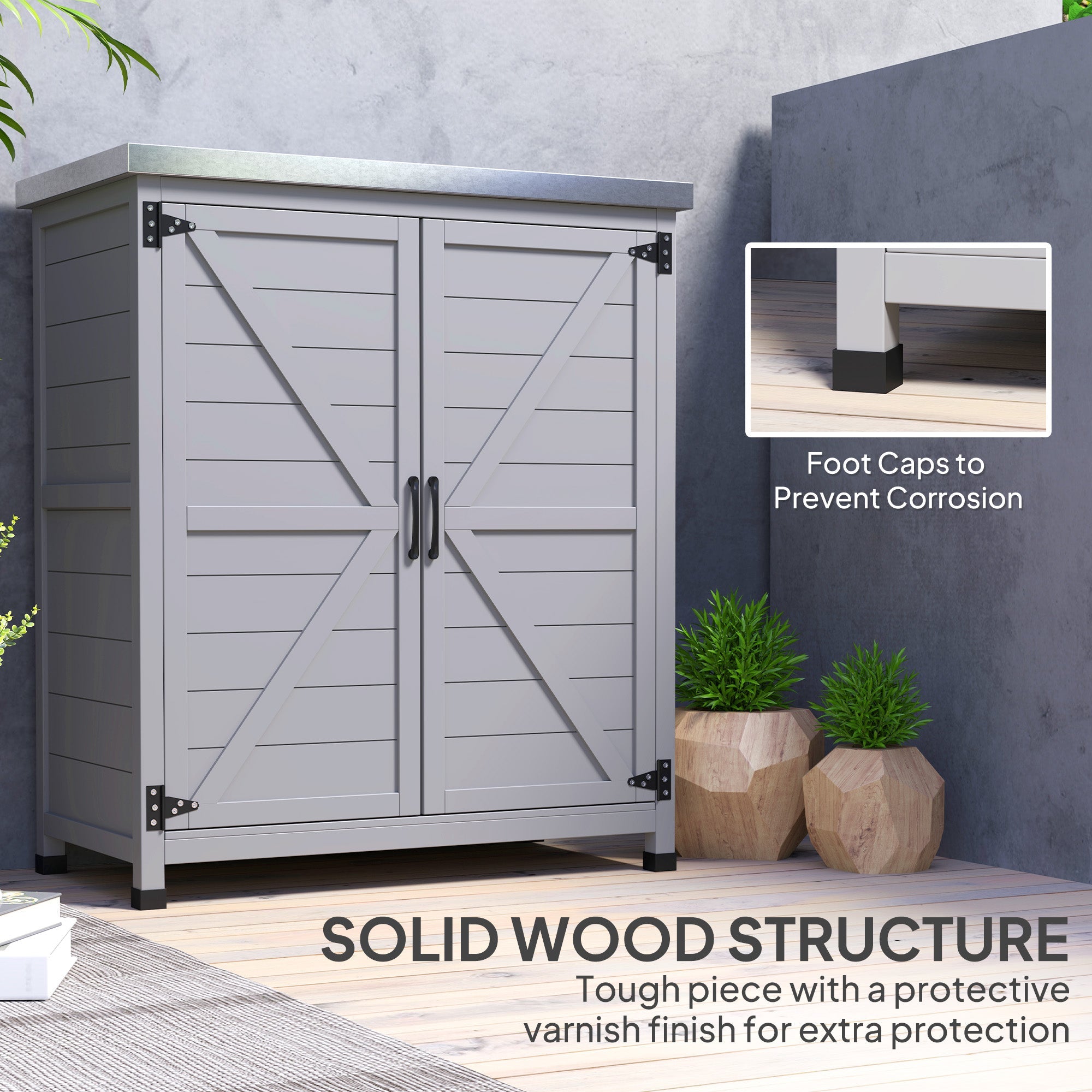 Outsunny Garden Storage Cabinet, Outdoor Potting Bench Table with Metal Tabletop, Shelf and Double Doors, Grey 
