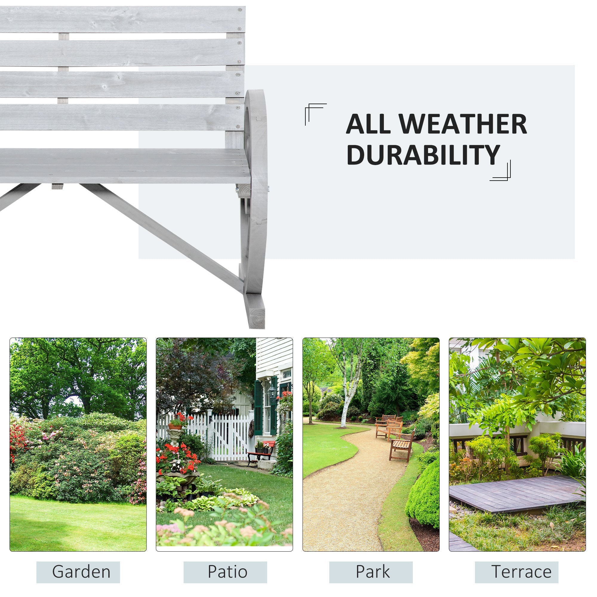 Outsunny 42" Wood Wagon Wheel Bench Rustic Garden Loveseat Outdoor Lounge Chair Grey 