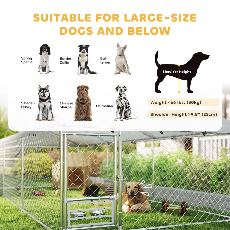 Outdoor Dog Run w/ Adjustable & Rotating Bowls, Water-Resistant UV-Resistant Cover, Secure Lock, 19.7' x 7.5' x 5.2'